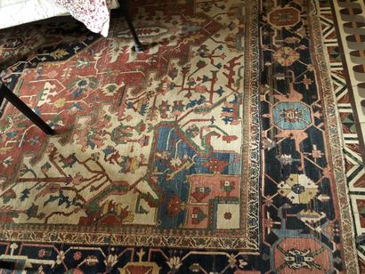 null 
Persian carpet, central medallion, cream background

approx. 375 x 320 cm

wear...