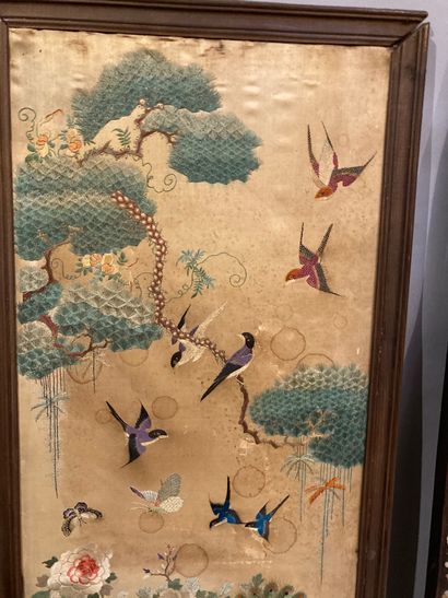 null Two woven silk panels, one decorated with peacocks and the other with cock and...