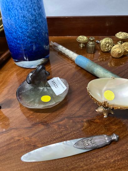 null Set of trinkets including glass vase, porcelain pot, hard stone seal, empty...