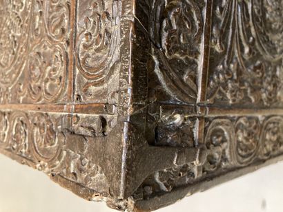 null Small carved wooden travel trunk decorated with flowers and opening by a sliding...