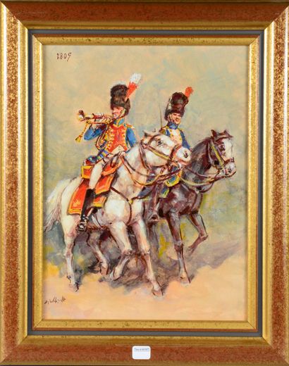 null Marcel Wibault (1904/1998), huile sur panneau : Deux grenadiers à cheval de...