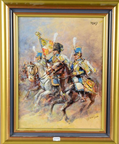 null Marcel Wibault (1904/1998), huile sur panneau : Trois cavaliers du 5e régiment...