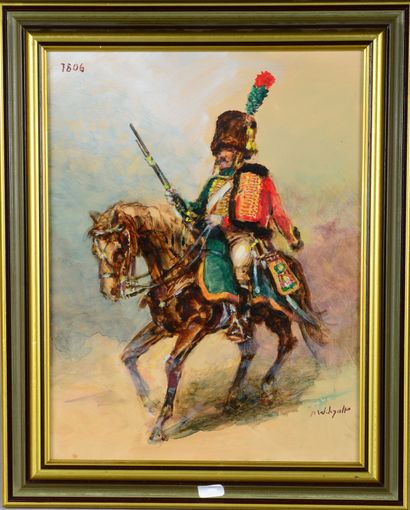 null Marcel Wibault (1904/1998), huile sur panneau : Un chasseur à cheval de la garde...