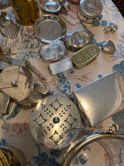null Silver plated metal handle and miscellaneous including pill boxes, bells, refreshment...