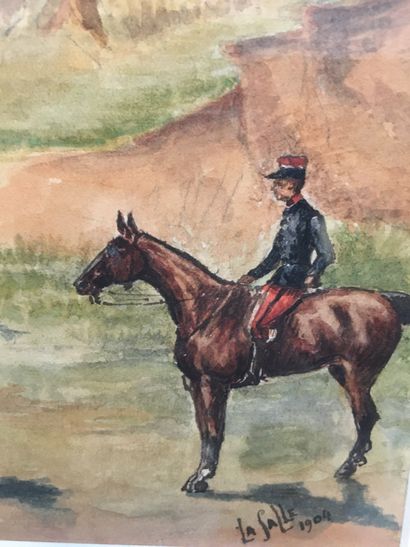 null Aquarelle signée LA SALLE et datée 1904 représentant quatre cavaliers en forêt.

14...