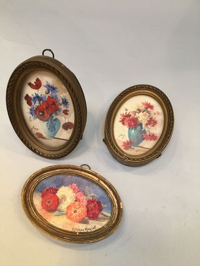  Trois miniatures ovale portant signature JAN et M.DURIEZ MANUEL. 
8,5 x 6 cm, 8...