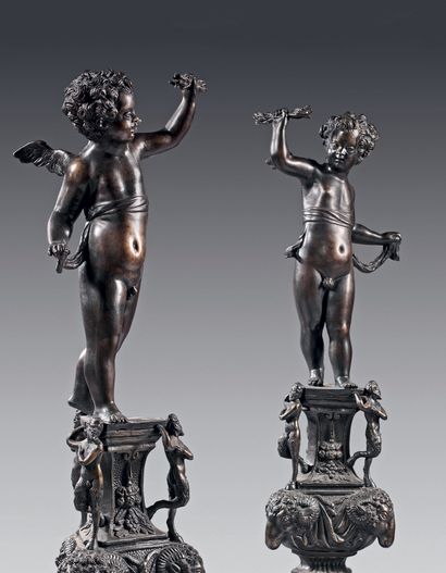 null Important pair of chased bronze and gilt and brown patina andirons in the form...