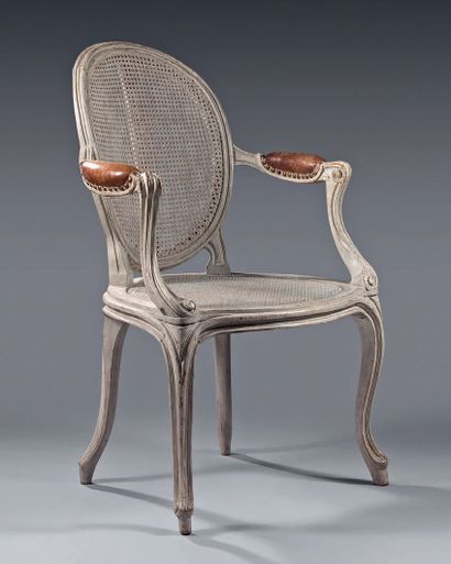  Walnut moulded, carved and cream lacquered cabriolet back armchair with whip-like...