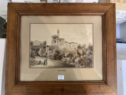 École Française du XIXe siècle 
Promeneurs près de Fourvière à Lyon
Plume et encre...