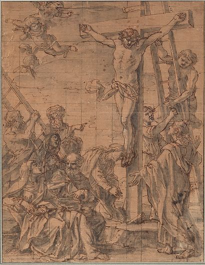 Ecole Flamande du XVIIIe siècle 
La Crucifixion
Plume et encre brune, lavis gris,...