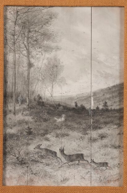 null 
Ernest BELLECROIX (1836-1901). Chevreuils et chasseur en forêt. Technique mixte...