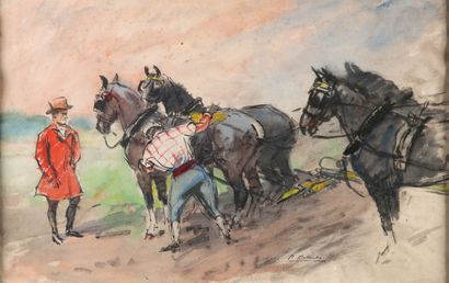 null 
Pierre DUBAUT (1886-1968). Attelage à 4 chevaux. Encre et aquarelle sur papier...