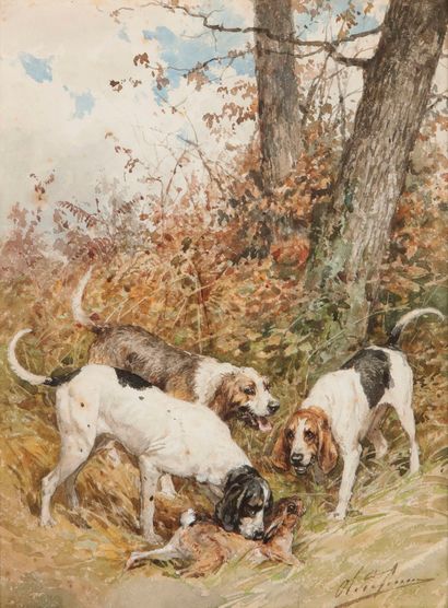 null Olivier De PENNE (1831-1897). La chasse au lièvre. Aquarelle sur papier signée...