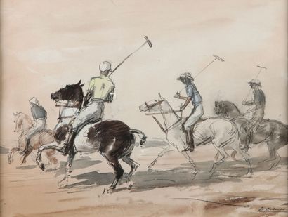 null 
Pierre DUBAUT (1886-1968). La partie de polo. Lavis d’encre et aquarelle sur...