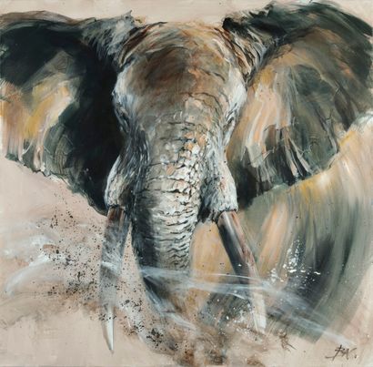 null 
Patrice BAC. Eléphant. Huile sur toile signée en bas à droite. Dim. 100 x 100...