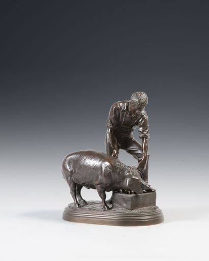null 
Isidore BONHEUR (1822-1901). Homme nourrissant un cochon. Bronze à patine brune...