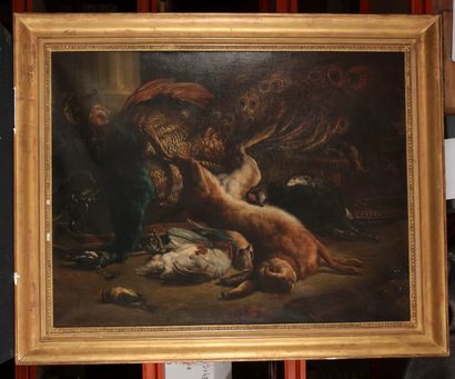 null 
Ecole Hollandaise du XIXe siècle, dans le goût de JAN WEENIX. Nature morte...