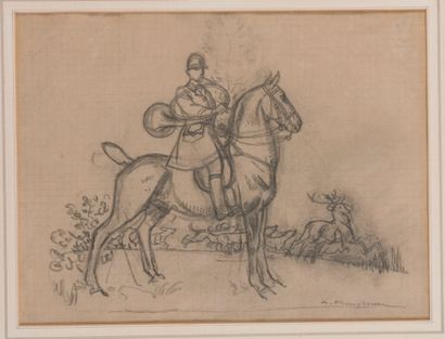  Auguste ROUBILLE (1872-1955). Vénerie du cerf – cavalier sonnant. Crayon sur papier...