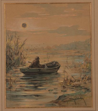 null 
Fernand MAISSEN (1873-?). Le chasseur au gibier d’eau. Aquarelle sur papier...