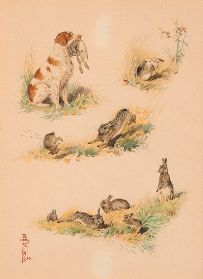 null 
Boris RIABOUCHINSKY dit RIAB (1898-1975). Etude de lapins et épagneul breton....