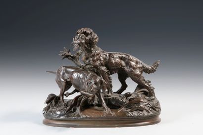 null 
Ferdinand PAUTROT (1832-1894). Griffon et braque. Bronze à patine brune signé...