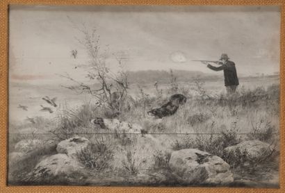 null 
Ernest BELLECROIX (1836-1901). La chasse aux perdrix. Technique mixte sur papier...