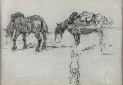null 
Pierre DUBAUT (1886-1968). Les chevaux de trait. Etude au fusain sur papier...