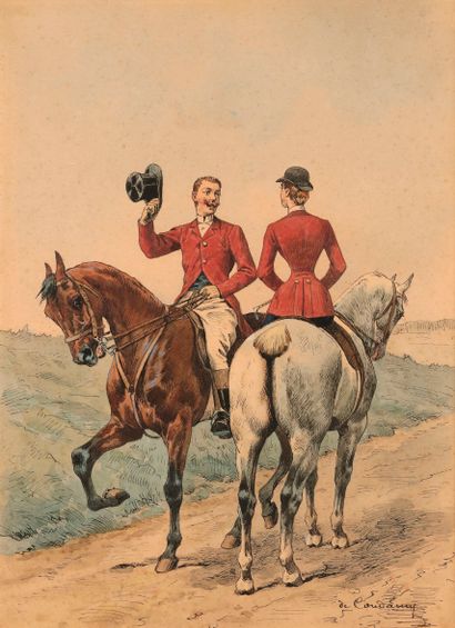null Charles de CONDAMY (c.1855-1913). La rencontre à cheval. Aquarelle sur papier...