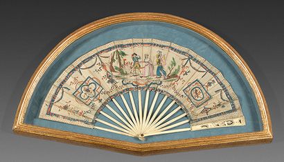 null Paper fan decorated with a man with a cockade and a woman dancing with a love...