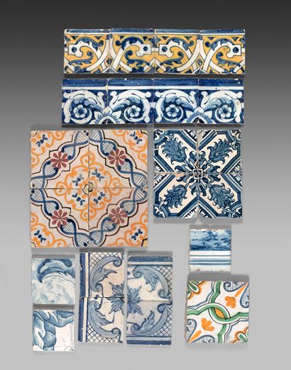 PORTUGAL 
Set of earthenware tiles, painted decorative frieze parts; blue or blue...