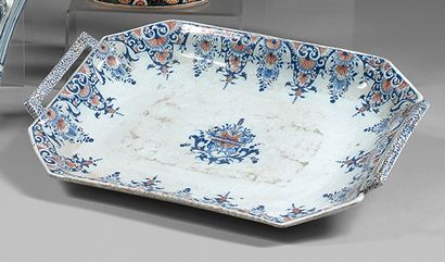 ROUEN Rectangular dish with two handles in earthenware called "banette" decorated...