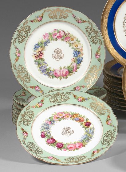 PARIS Eight porcelain plates of contoured form, with polychrome and gold decoration...