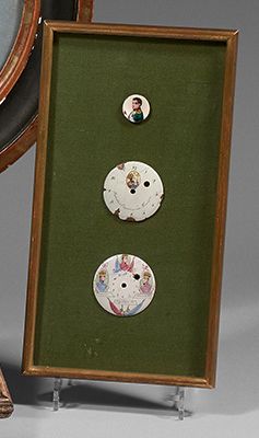null Three enamel elements painted on copper, including two watch dials and a small...