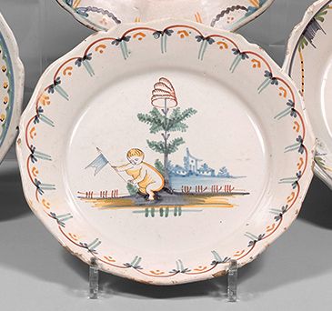 NEVERS Earthenware plate with contoured edge, with polychrome decoration of a tree...