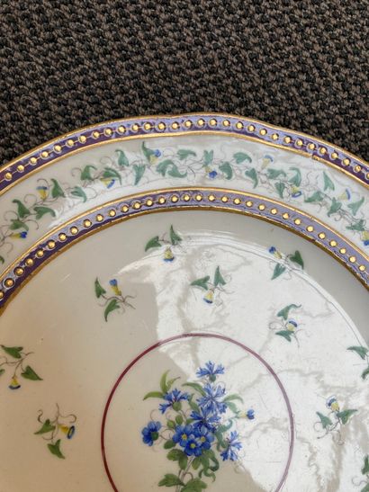 SÈVRES Plate in soft porcelain with contoured border, decorated with a bouquet of...