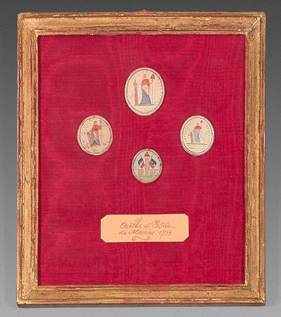 null Framed with four dry stamps enhanced with gouache, representing symbols of the...