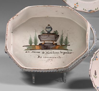 NEVERS Rectangular earthenware planter on three feet, with polychrome decoration...