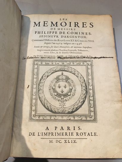 [COMINES (Philippe de)]. Memoires de Messire Philippe de Comines, seigneur d'Argenton,...