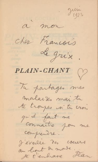 COCTEAU (Jean). Plain-Chant. Poème. Paris, Librairie Stock, 1923. In-12, maroquin...
