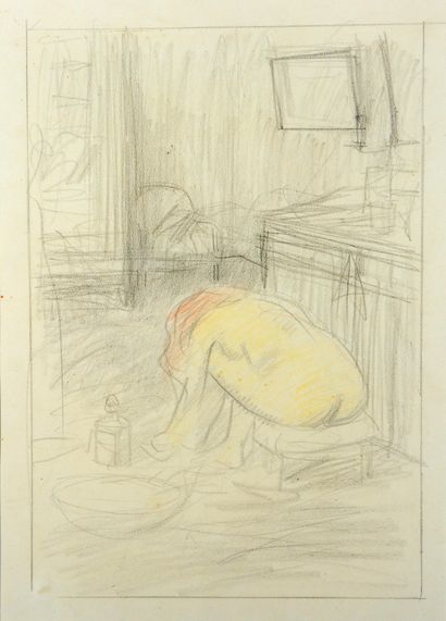 Jean-Louis FORAIN (1852-1931) Woman with a tub Drawing with black pencil and blurred...