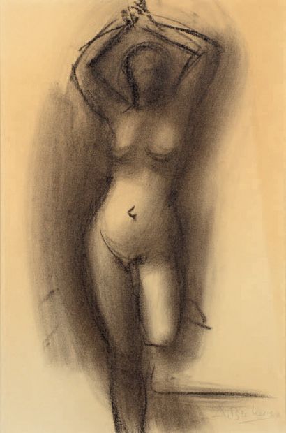 Arno BRECKER (1900-1991) 
Nude model standing with arms in the air, 1930
Charcoal...