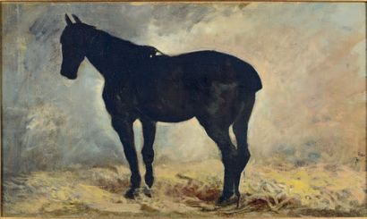 École du XIXe siècle Horse at the stable Oil on canvas. 35 x 58 cm. (Restorations...
