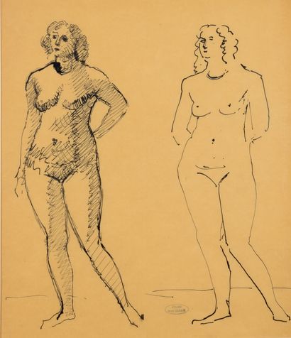 André DERAIN (1880-1954) 
Deux nus debout
Dessin à l'encre sur papier calque, porte...