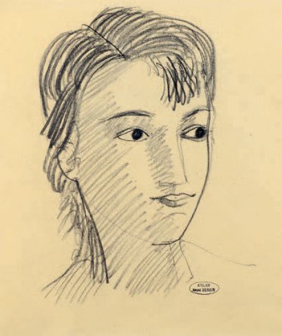 André DERAIN (1880-1954) Portrait of a Woman Black pencil drawing and stump, bears...