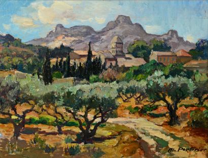 Marcel PARTURIER (1901-1976) 
Cyprès et oliviers, vers 1955
Huile sur panneau, signée...