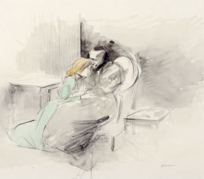 Jean-Louis FORAIN (1852-1931) 
La consolation
Lavis d'encre rehaussé d'aquarelle,...