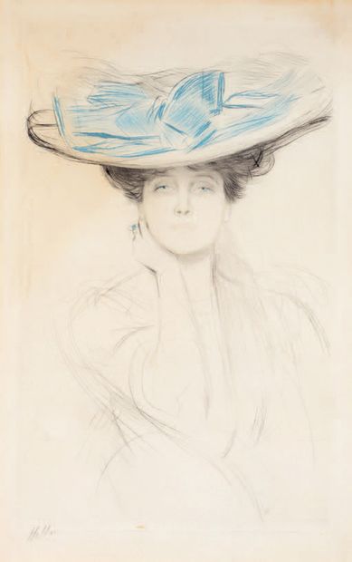 Paul HELLEU (1859-1927) Le noeud bleu Pointe sèche en couleurs. Belle épreuve, signée...