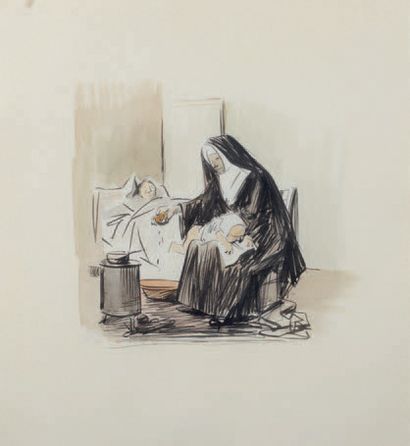 Jean-Louis FORAIN (1852-1931) 
La soeur de charité, la toilette de bébé
Dessin à...