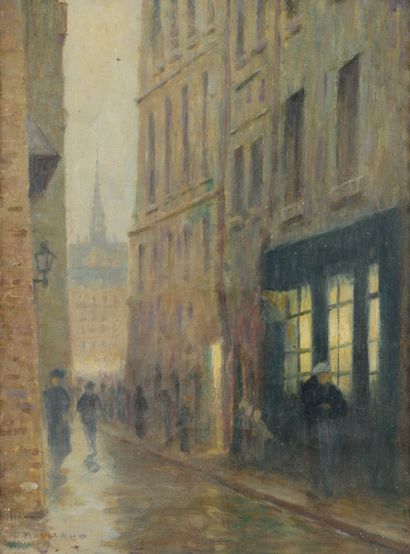 Fernand MAILLAUD (1863-1948) Scène de rue à la tombée du jour Huile sur carton, signée...