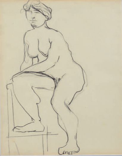 Albert Marquet (1875-1947) Nu pied droit sur une chaise Dessin au crayon noir. 26,5...